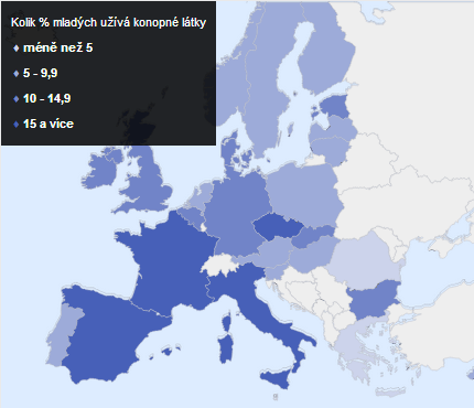 Mapa uživatelů konopí v evropě. 